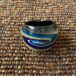 Pretty, Swirl Design, Blue/Silver/Gold, Glass Ring